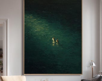 Arte de pared verde, dos niños nadando, pintura minimalista verde, decoración de habitación verde, arte de pared wabi-sabi verde, pintura de personas nadando en el mar