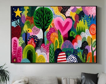 Colorful Naive Folk Art Canvas Painting Vibrant Heart Tree Whimsical Garden Starry Wall Decor