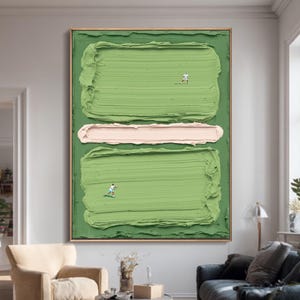 Minimalistisk salviagrön tennisoljemålning, tung textur pastell abstrakt sportväggkonst