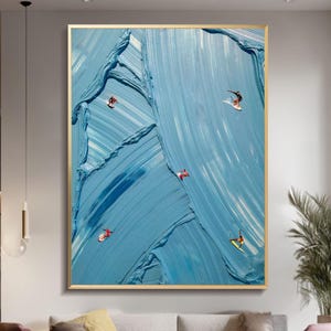 original surfing canvas wall art custom work gift surf wall art minimalist art blue textured wall art surfing art blue 3D texture painting