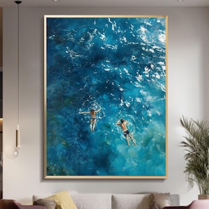 peacock blue diving oil painting swimming abstract diving in the ocean handmade canvas wall art