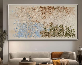 Pintura al óleo abstracta texturizada 3D con empaste denso, arte mural minimalista para decoración del hogar en tonos neutros.