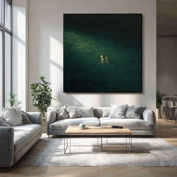 Handgemalte Landschaft am Meer: Zwei Jungen Schwimmen, grüne Wandkunst