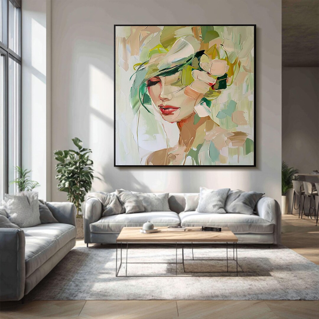 Abstract Woman Face Oil Painting Sage Green Floral Textured Modern ...