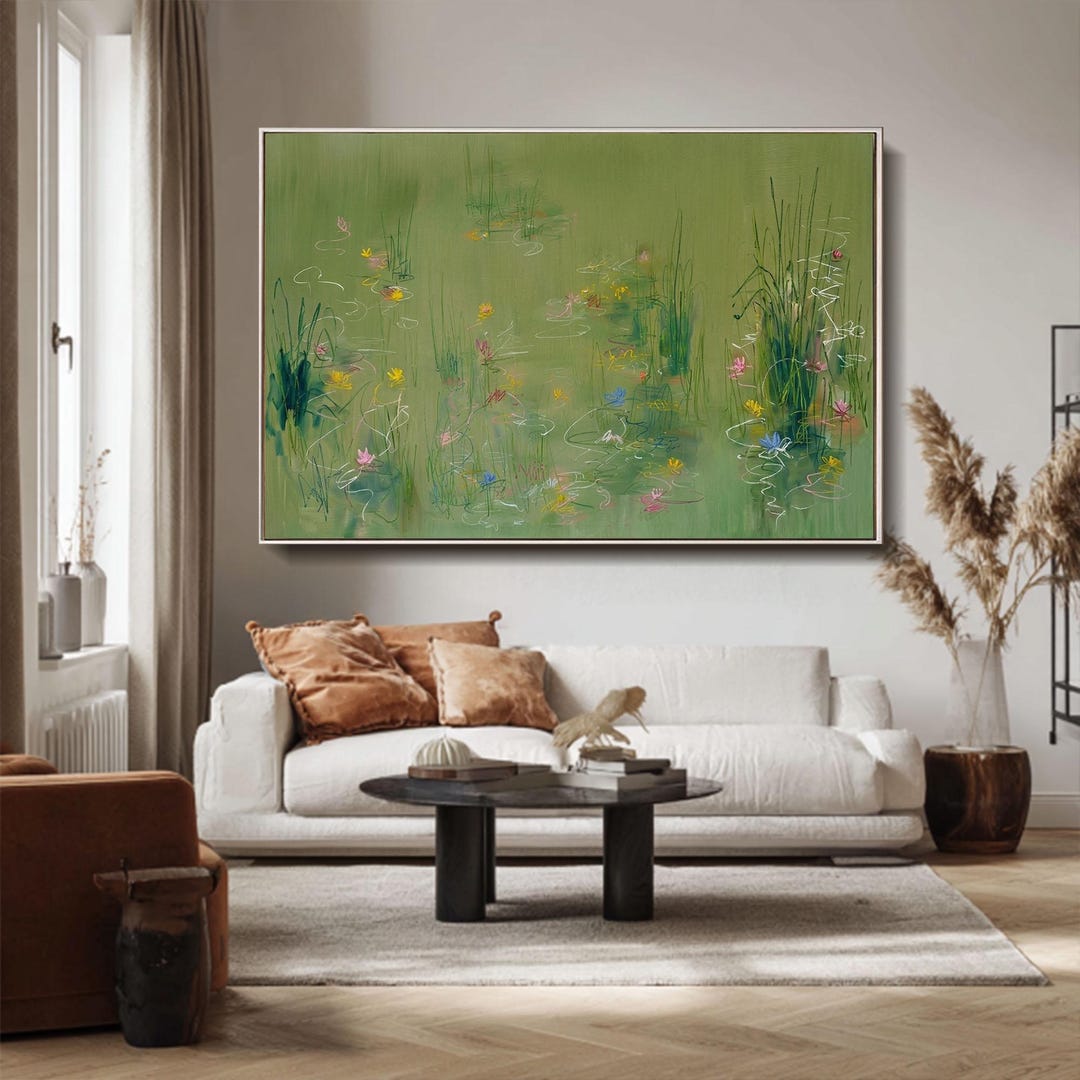 Sage Green Abstract Water Lily Pond Oil Painting Minimalist Floral ...