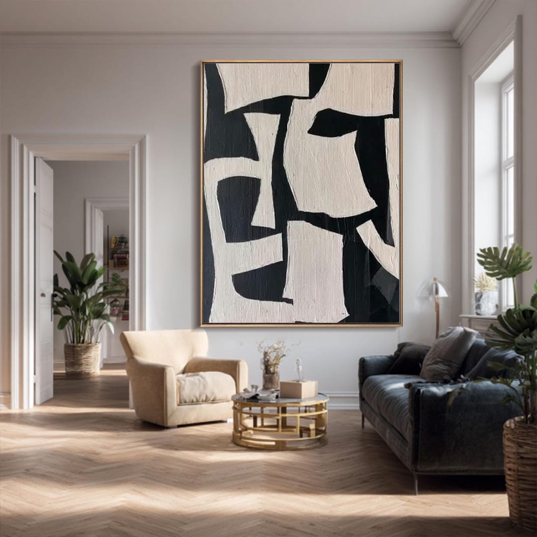 Large Black White Abstract Oil Painting Modern Minimalist Textured ...
