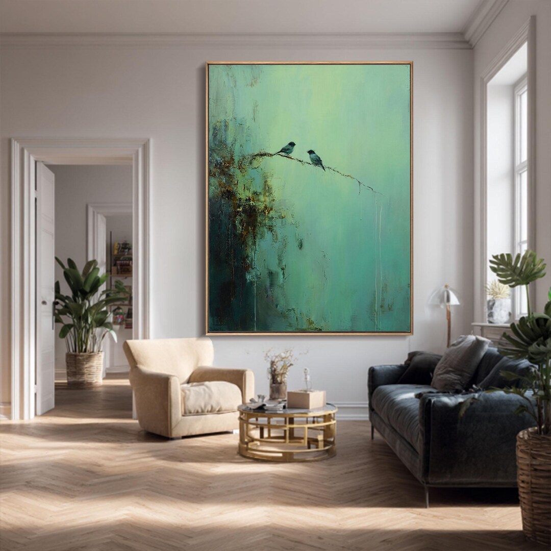 Sage Green Bird Oil Painting Abstract Textured Canvas Art Modern Nature ...