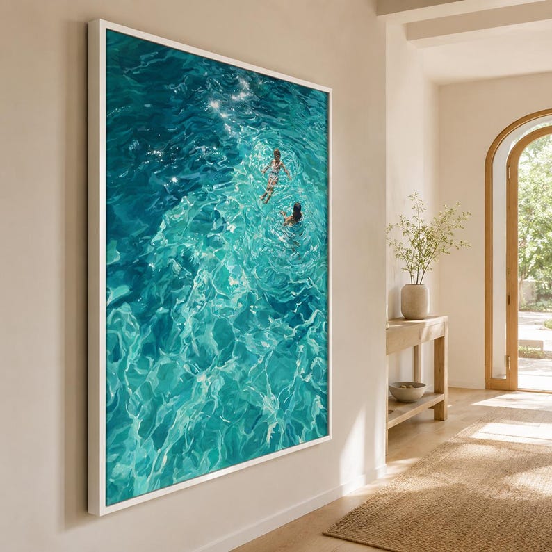 Original Swimmers Oil Painting Blue Ocean Impasto Large Textured Canvas ...
