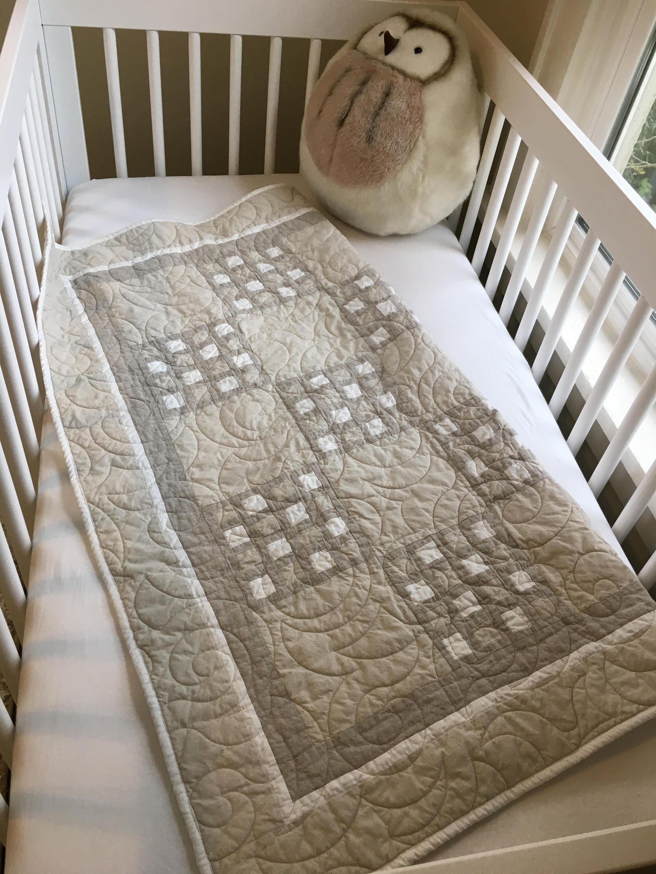 Gender Neutral Checkered Baby Quilt Taupe & White