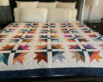 Autumn Batik Quilt | Handmade Batik Patchwork Quilt | Maple Leaf Quilt | One-of-a-Kind Bed Quilt