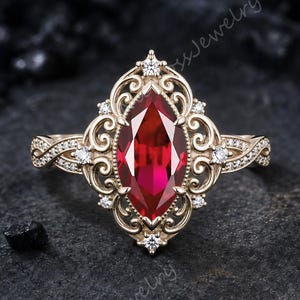 Engagement Ring Vintage Marquise Cut Ruby Solid Yellow Gold Filigree Crossover Band Diamond Red Gemstone Promise Ring Wedding Gifts For Her