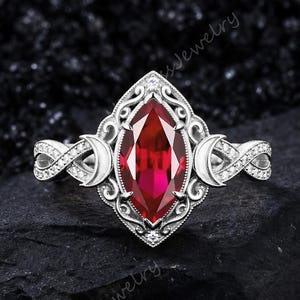 Vintage Marquise Cut Ruby Engagement Ring White Gold Milgrain Moon Filigree Crossover Band Diamond Platinum July Birthstone Ring For Women