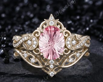 Bridal Ring Sets Vintage 2.0ct Oval Firework Cut Pink Sapphire Solid Gold Moon Leaf Crossover Band Art Deco Ring Gift For Women Fine Jewelry