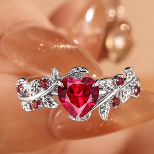 Handmade Heart Cut Ruby White Gold engagement ring 925 silver leaf promise ring for her Red gemstone ring July Birthstone Art Deco Ring gift