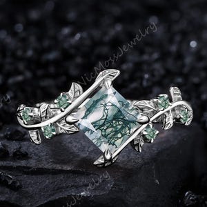Handmade ring silver princess cut moss agate engagement ring for her white gold  green gemstone ring platinum promise ring art deco ring