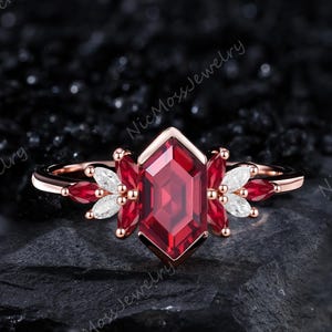 Long Hexagon Cut Ruby engagement ring Rose Gold promise ring for her Red Gemstone Cluster ring women Art Deco Anniversary Wedding Gifts