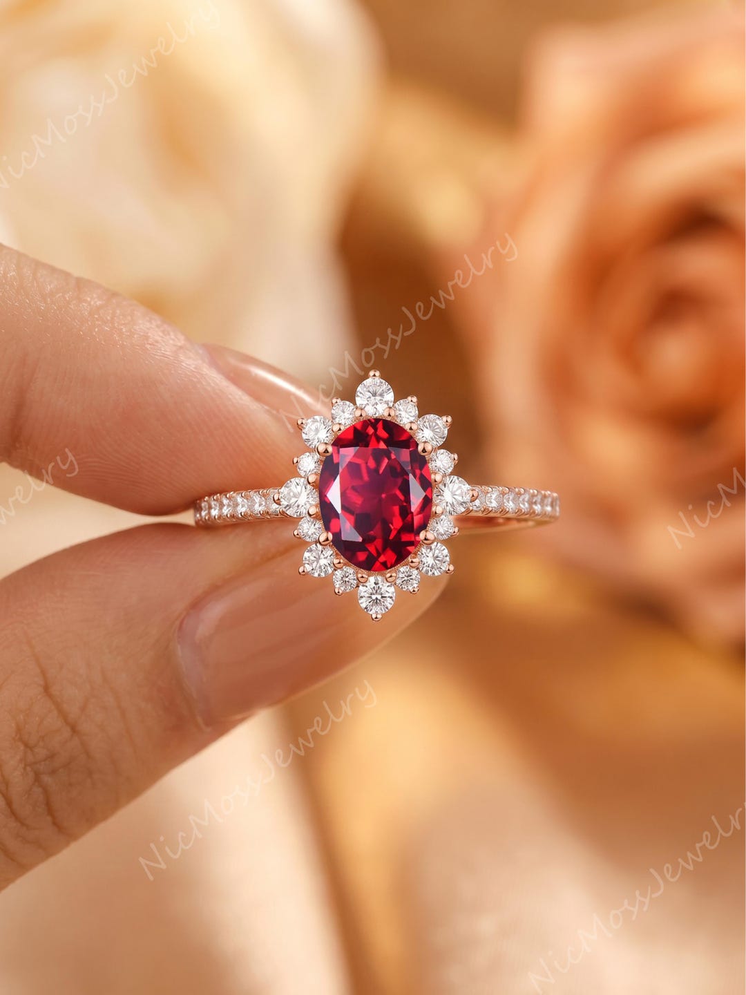 Vintage Oval Cut Ruby Engagement Ring Solid Rose Gold Pave Halo Diamond ...