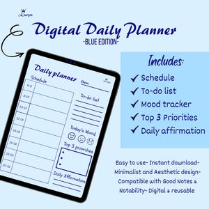 Planner giornaliero stampabile - PDF digitale / Elenco delle cose da fare minimalista senza data / Pagina di produttività blu per iPad e GoodNotes