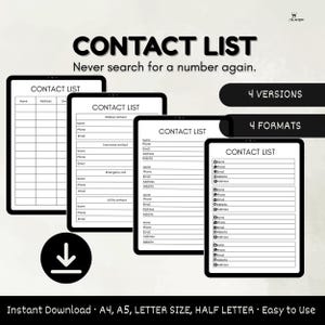 Contact List Printable | 4 Layouts: Basic, With Notes, Emergency & Utility Contacts | Digital Contact Organizer PDF for Home and Office