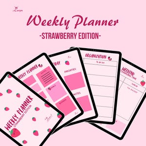 Planificador semanal de fresas / Planificador digital en PDF A4 A5 tamaño carta / Lista de tareas, Rastreador de hábitos, Citas motivacionales, Cubierta incluida
