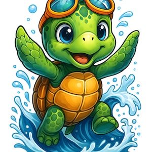 Può includere: Una simpatica tartaruga dei cartoni animati con corpo verde, guscio arancione e occhiali arancioni. La tartaruga cavalca un'onda blu, con goccioline d'acqua e bolle intorno. La tartaruga sorride e ha grandi occhi blu.