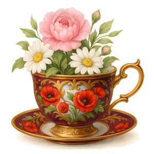 Vintage Floral Teacup Clipart Bundle-12 PNG Transparent +12 JPG | High Resolution Watercolor Flower Teacups for Sublimation, Stickers, Cards