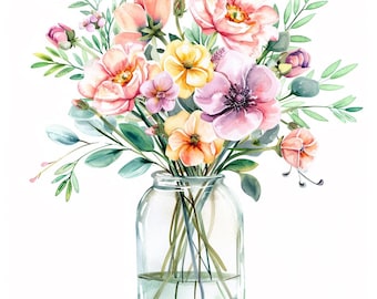 Puede incluir: Un ramo de flores rosas, amarillas y melocotón en un jarrón de vidrio transparente. Las flores están dispuestas en un estilo suelto y natural, y el jarrón está lleno de agua.