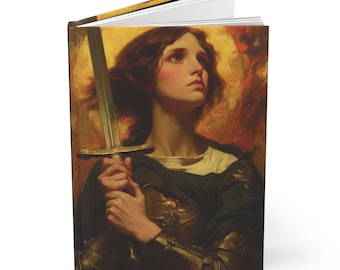 May include: A painting of a young person in armor holding a sword, with a golden halo behind them. The painting is in a warm color palette with shades of yellow, orange, and brown.