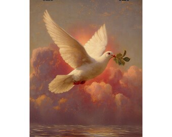May include: A print of a white dove in flight, carrying a green olive branch in its beak. The dove is set against a backdrop of a sunset with pink and orange clouds, and a calm body of water.