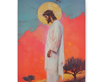 Puede incluir: Una pintura de un hombre con una túnica blanca y una corona de espinas, de pie sobre un fondo rojo y azul. El hombre mira hacia abajo y tiene un halo sobre su cabeza.