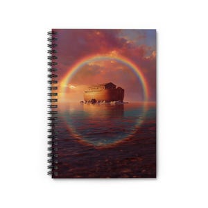 May include: Spiral-bound notebook featuring an illustration of Noah's Ark on water, with a rainbow arching over it. The sky is a mix of orange, pink, and purple hues, creating a serene and colorful scene. The ark is brown and appears to be floating on calm water.