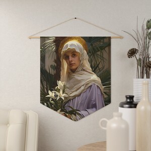 May include: A woman in a white veil and purple robe holds a bouquet of white lilies. She is standing in a garden with lush green foliage.