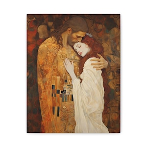 Transcendent Devotion: Christ Embracing Mary Magdalene Museum Wrapped Canvas - Sanctified Souls Print - Based on Klimt&#39;s The Kiss