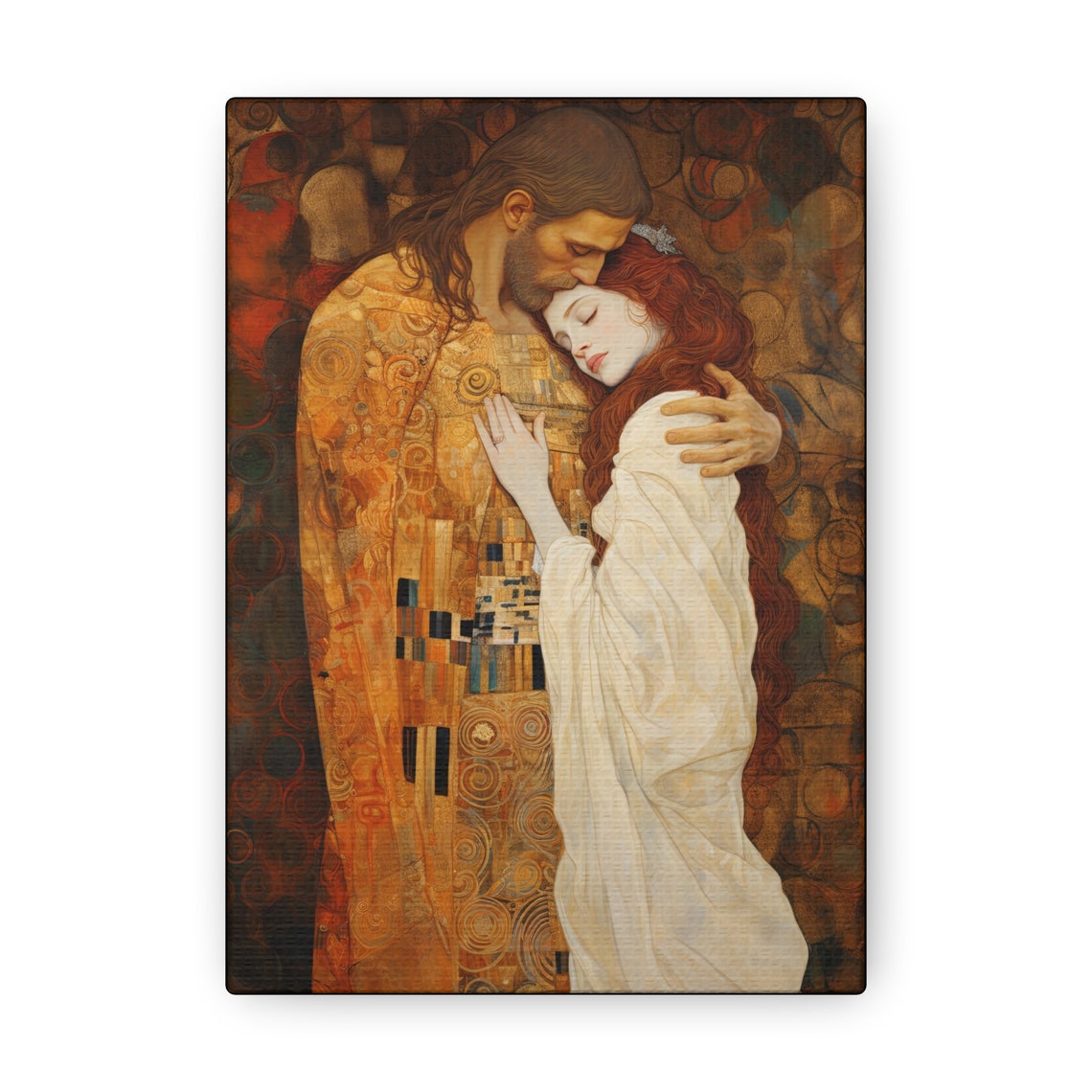 Transcendent Devotion: Christ Embracing Mary Magdalene Gallery Wrapped Canvas - Sanctified Souls Print - Based on Klimt's The Kiss 5″ x 7″