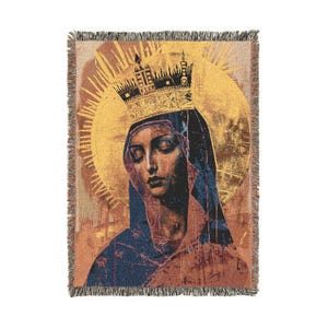 Mary Queen of Heaven Woven Cotton Blanket, Catholic Marian Throw, Our Lady Crowned Nursery Decor, Devotional Heirloom Gift, Baptism Gift