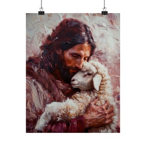 Jezus en het kleine lammetje posterafdruk - geheiligde zielen print - meerdere formaten - premium posters - katholieke kunst - christelijke schilderkunst