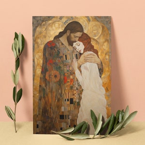 Christ Embracing Mary Magdalene Print - Based on The Kiss by Gustav Klimt - Sanctified Souls Print - Multiple Sizes - Premium Matte Poster