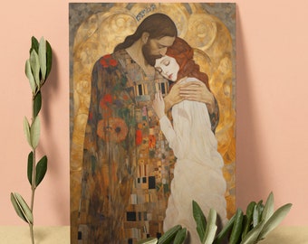 Christ Embracing Mary Magdalene Print - Based on The Kiss by Gustav Klimt - Sanctified Souls Print - Multiple Sizes - Premium Matte Poster