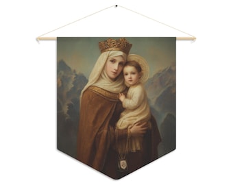 Un cordón entre el cielo y la tierra - Banderín/Estandarte/Colgante de Nuestra Señora del Monte Carmelo - Arte para sala de oración - Hogar católico - 45,7 x 53,3 cm