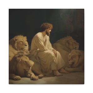 Faith Amid the Beasts - Daniel in the Lions Den -  Museum Wrapped Canvas - Sanctified Souls Print - Religious Art for your Home