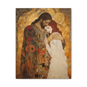 Christ Embracing Mary Magdalene Museum Wrapped Canvas - Sanctified Souls Print -Based on Klimt&#39;s The Kiss - Religious Catholic Art