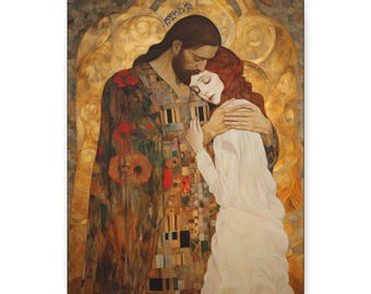 Christ Embracing Mary Magdalene Museum Wrapped Canvas - Sanctified Souls Print -Based on Klimt&#39;s The Kiss - Religious Catholic Art