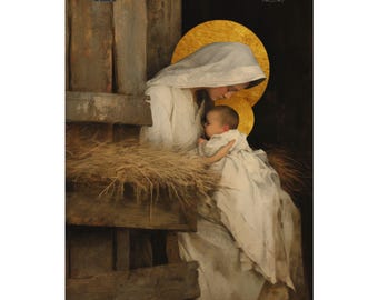 May include: A print of a religious painting depicting a woman in a white head covering cradling a baby in a white gown. A golden halo is behind the woman's head. The background includes wooden structures and straw.