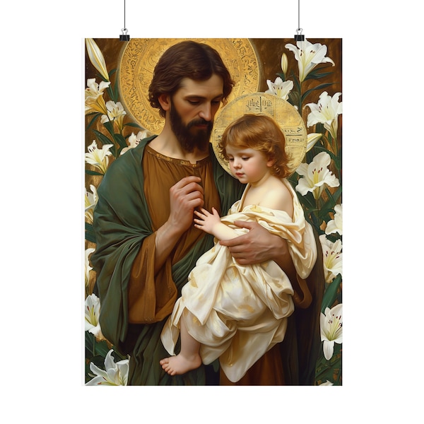 Saint Joseph and the Christ Child  - Sanctified Souls Print - Multiple Sizes - Premium Matte Vertical Posters