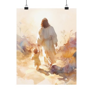 Jesús guiando a un niño en la fe - Impresión de carteles de Cristo y el niño - Impresión de almas santificadas - Arte católico - Pintura cristiana