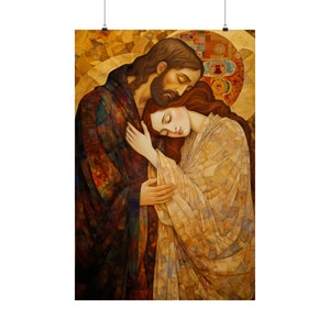 Healing Love- The Embrace of Christ and Mary Magdalene Print - Based on The Kiss by Gustav Klimt - Sanctified Souls Print - Premium Matte