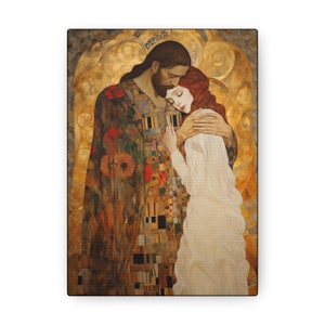 Christ Embracing Mary Magdalene Gallery Wrapped Canvas - Sanctified Souls Print -Based on Klimt's The Kiss - Religious Catholic Art