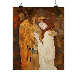 Transcendent Devotion: Christ Embracing Mary Magdalene Print - Based on The Kiss by Gustav Klimt - Sanctified Souls Print - Premium Matte