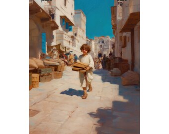 Puede incluir: Impresión de una pintura que representa a un niño caminando por una calle soleada, llevando tablas de madera. La escena está ambientada en una ciudad de Oriente Medio con edificios blancos y un mercado bullicioso. La obra tiene una paleta cálida.