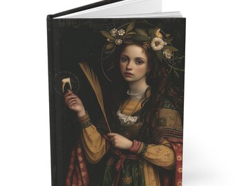 May include: A painting of a woman with long brown hair wearing a yellow and green dress with a red sash. She is holding a tooth in her right hand and a sprig of wheat in her left hand. She is wearing a crown of flowers on her head.